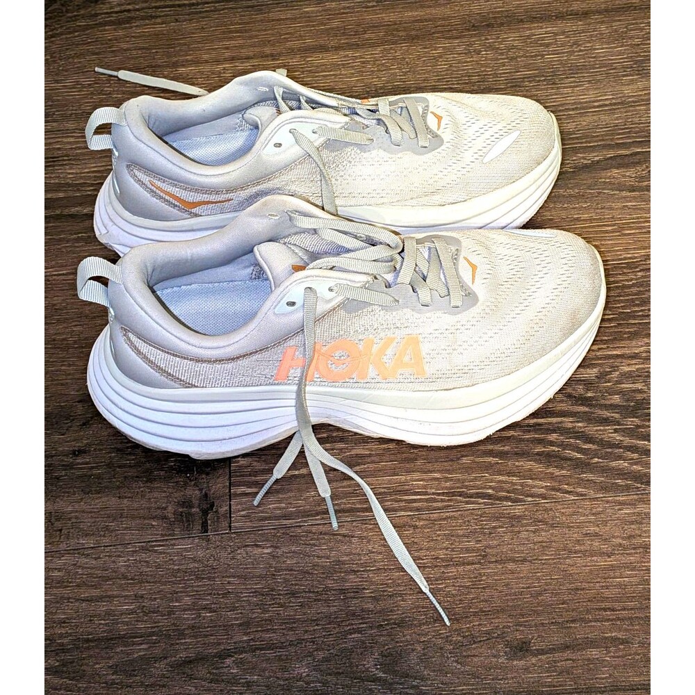HOKA Bondi 8 Women's Running Shoes/Beige & Orange/ Mesh Low Top Lace-Up/Size 9D